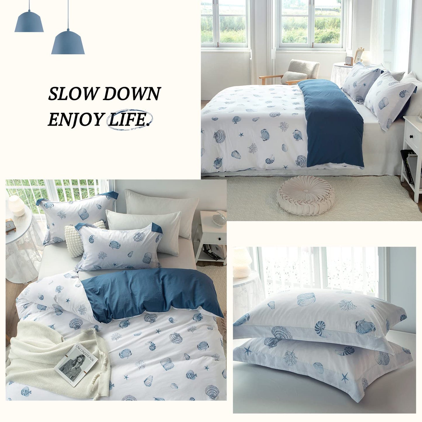 MILDLY Blue Seashell Pattern Duvet Cover Set Nautical Comforter Cover 3pcs