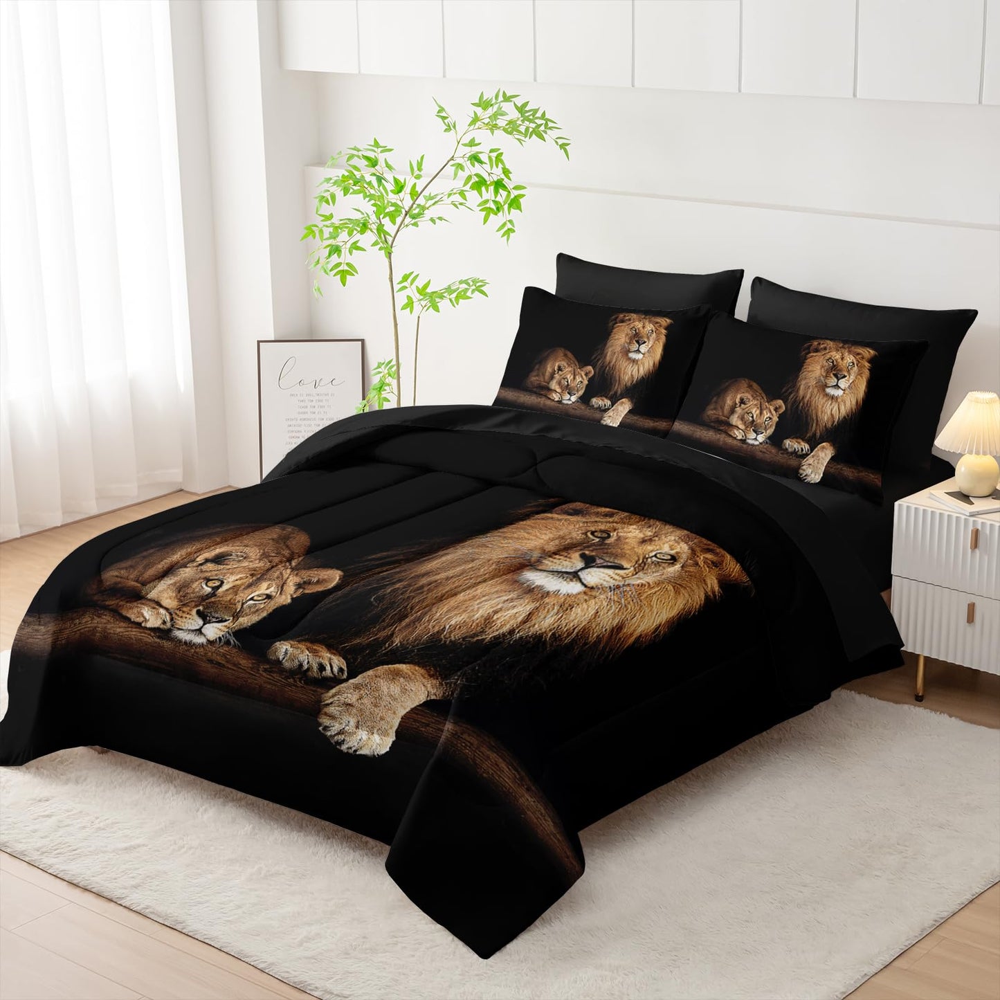 Tuzaovy Lion Comforter Set 7 Piece Twin Size Bed in A Bag,Animal Bedding for Room Decor,Lion Comforter Tropical African Animal 3D Print Bedding with Fitted Sheet,Flat Sheet, Pillowcases & Shams