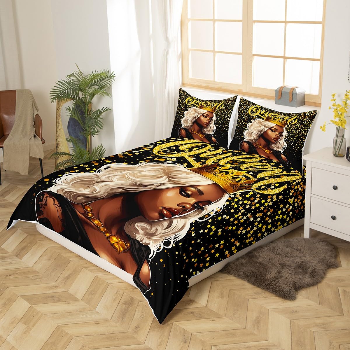 Black Girls Duvet Cover Set Queen Size,African Style American Fashion Woman Comforter Cover,Golden Glitter Queen Crown Bedding Set Teens Men Adult Room Decor,Modern Black Quilt Cover,2 Pillowcases
