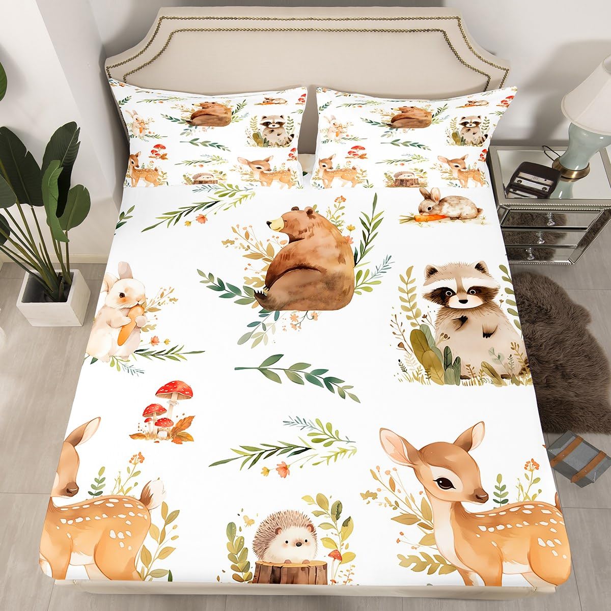 Erosebridal Woodland Animal Bed Sheets Twin Size Forest Deer Bear Sheet Set for Boys Kids Girls Cute Rabbit Hedgehog Raccoon Jungle Animal Bedding Set Cartoon Zoo Animals Flat Fitted Sheet