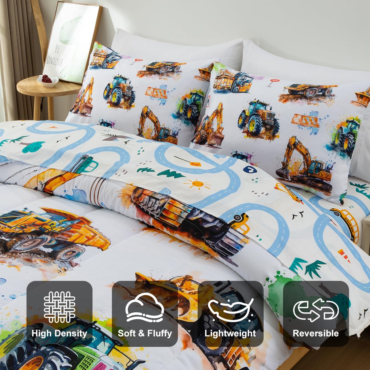 Holawakaka Trucks Tractors Cars Boy Bedding Comforter Set with Sheets, Twin Size Cartoon Construction Car Excavator Print Kids Bed in A Bag 5-Piece, Boys Reversible Dorm Bed Sets (Multi Twin)