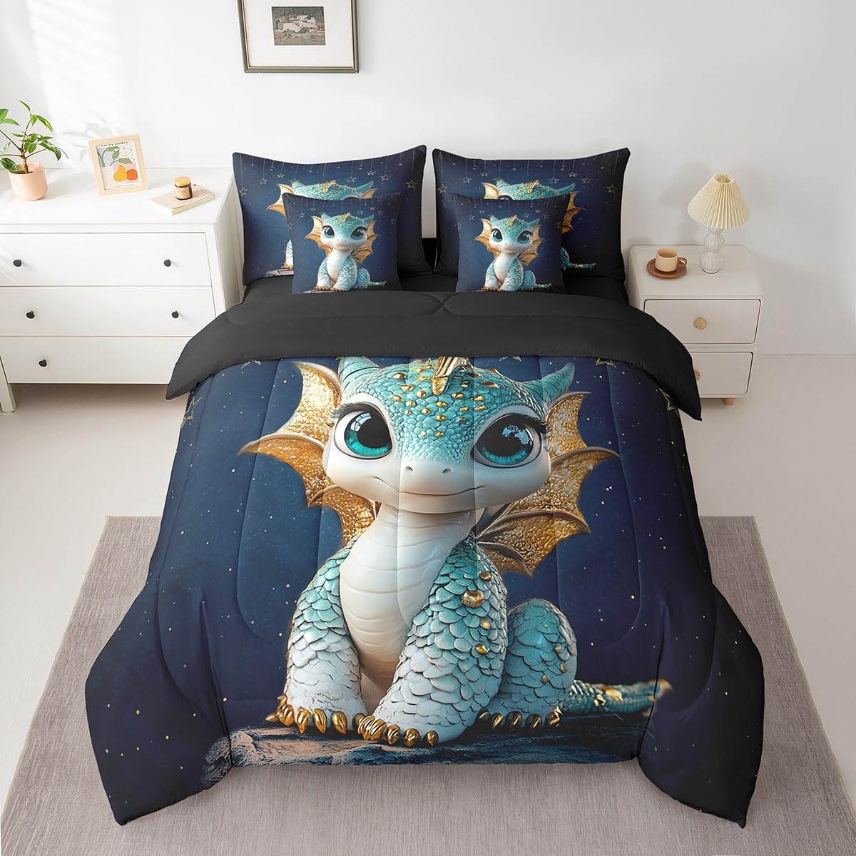 Feelyou Dragon Comforter Set with Sheets Twin Size Dragon Stuff Bed in a Bag for Boys Girls Teens Wild Life 7 Pieces Bedding Set Dragon Decor Bed Set Room Decor Navy Blue