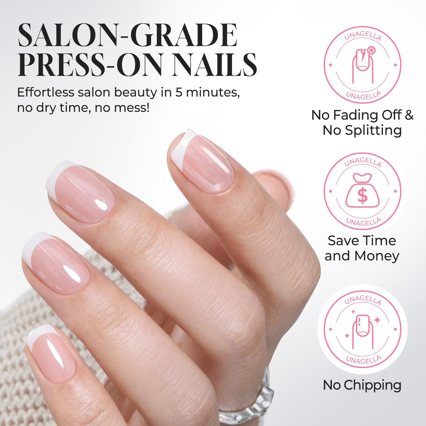 UNA GELLA 32Pcs Soft Gel Press on Nails - 16 Sizes Silver Mirror French Tip Short Square Glue on Nails, Reusable Metallic Chrome False Nails, Full Cover Acrylic Nail Kit for Women DIY Home Manicure