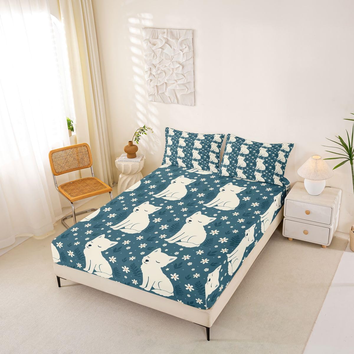 Castle Fairy White Fox Fitted Sheet Queen Size (No Flat),Beauty Floral Bedding Sets 3Pcs,Girls Boys Adult Room Decor,Wildlife Bed Cover Casual Rustic Deep Pocket Sheet,2 Pillowcases