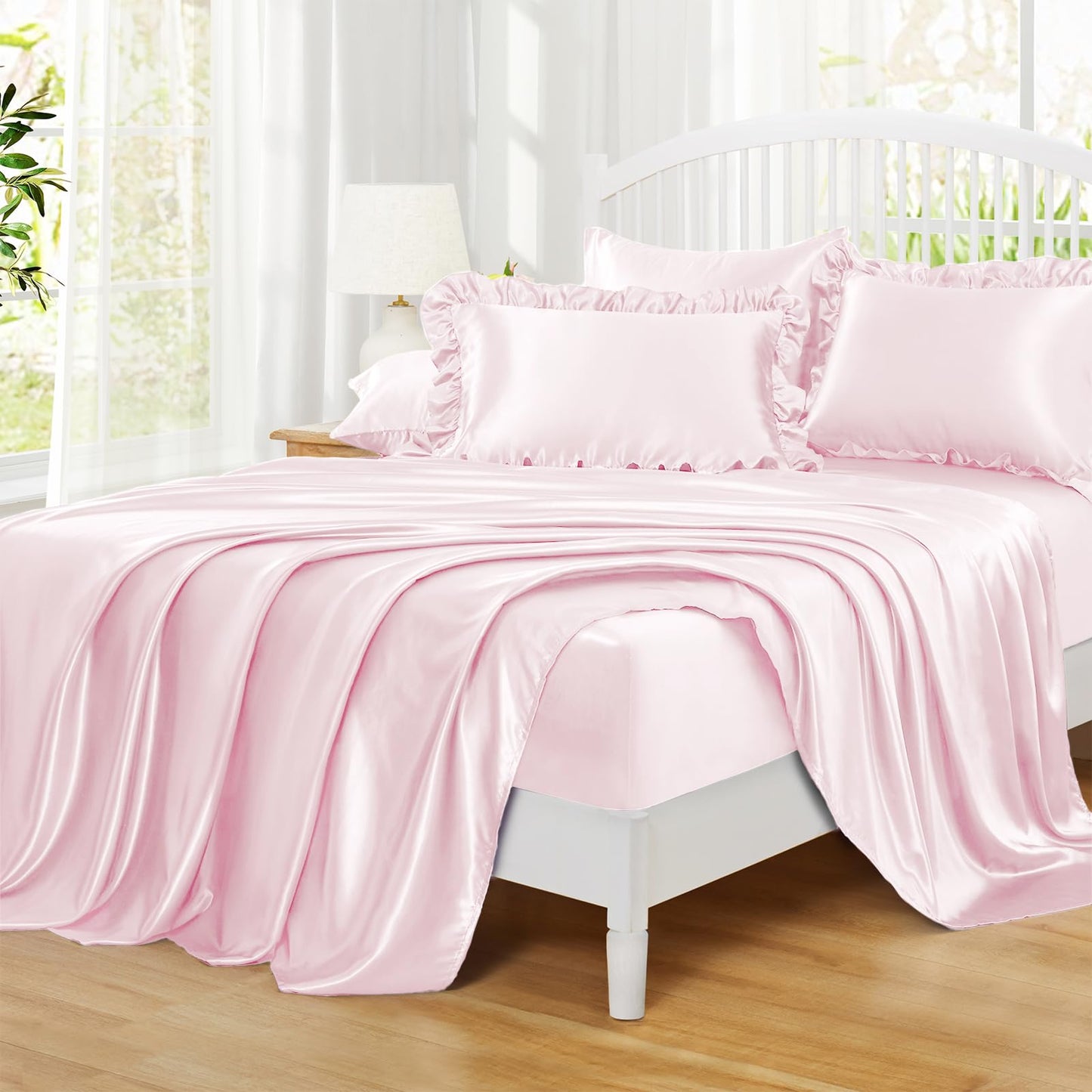 Homiest Ruffled Satin Sheets Full Size 6pc Set - Blush Pink Bed Sheet Set with 15 Inch Deep Pocket Fitted Sheet, 1 Flat Sheet, 2 Ruffled Pillow Shams & 2 Pillowcases, Similar to Silk Sheets