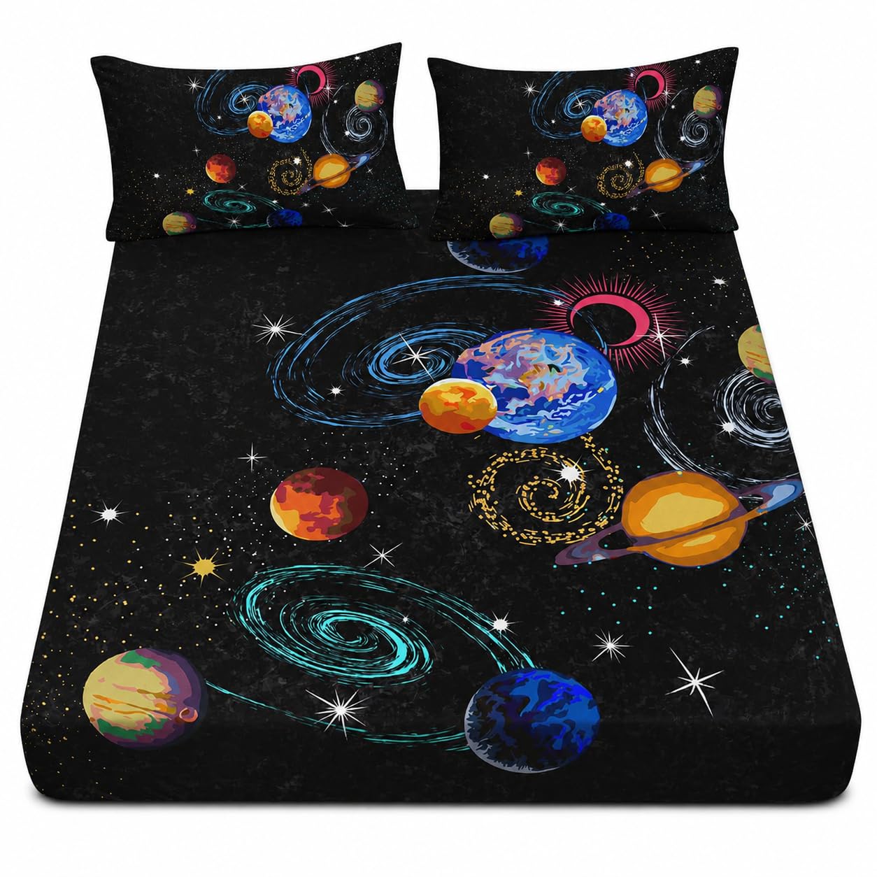 AILONEN Outer Space Twin XL Size Fitted Sheet 3 Pieces Set, Galaxy Starry Sheet for Kids Boys - Eight Planet Theme Soft Breathable Bed Sheet, 1 Fitted Sheet and 2 Pillowcases