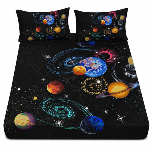 AILONEN Outer Space Twin XL Size Fitted Sheet 3 Pieces Set, Galaxy Starry Sheet for Kids Boys - Eight Planet Theme Soft Breathable Bed Sheet, 1 Fitted Sheet and 2 Pillowcases