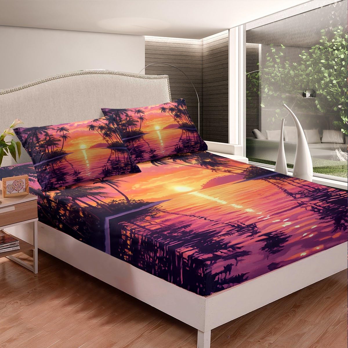 jejeloiu Purple Beach Theme Fitted Sheet Full Size Kids Palm Leaf Bed Sheets Set for Boys Girls Teens Sea Ocean Wave Summer Natural Scenery Bedding Set Room Decor