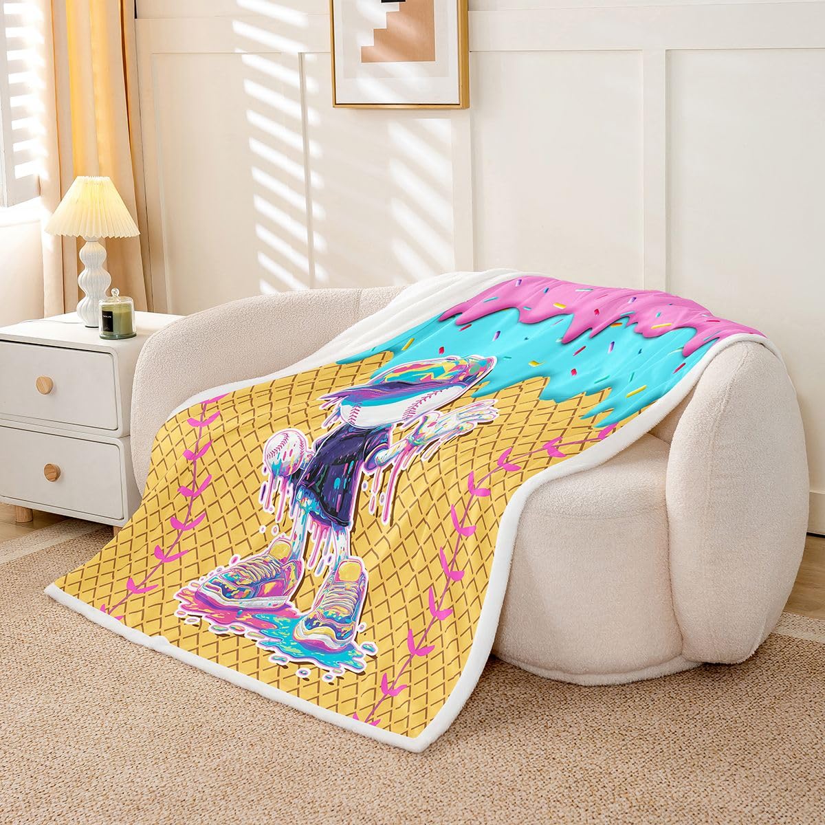 jejeloiu Ice Cream Baseball Fleece Throw Blanket Sweet Sport Hybrid Sherpa Blanket for Kids Women Men Plush Fuzzy Dessert 40"x50" Pink Teal Yellow for Bed Couch Chair Living Room Bedroom Decor
