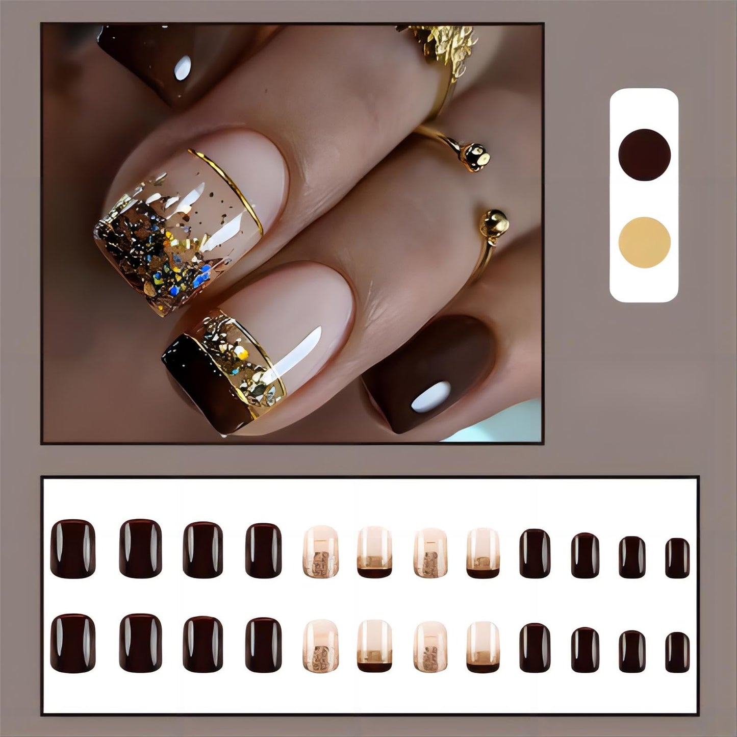 Rchovsam Brown Nails Press Ons Short Square Press on Nails French Tip Brown Design Fake Nails Sparkly Stick on Nails Full Cover Acrylic Gel False Nails Kit Gift for Womens 24pcs