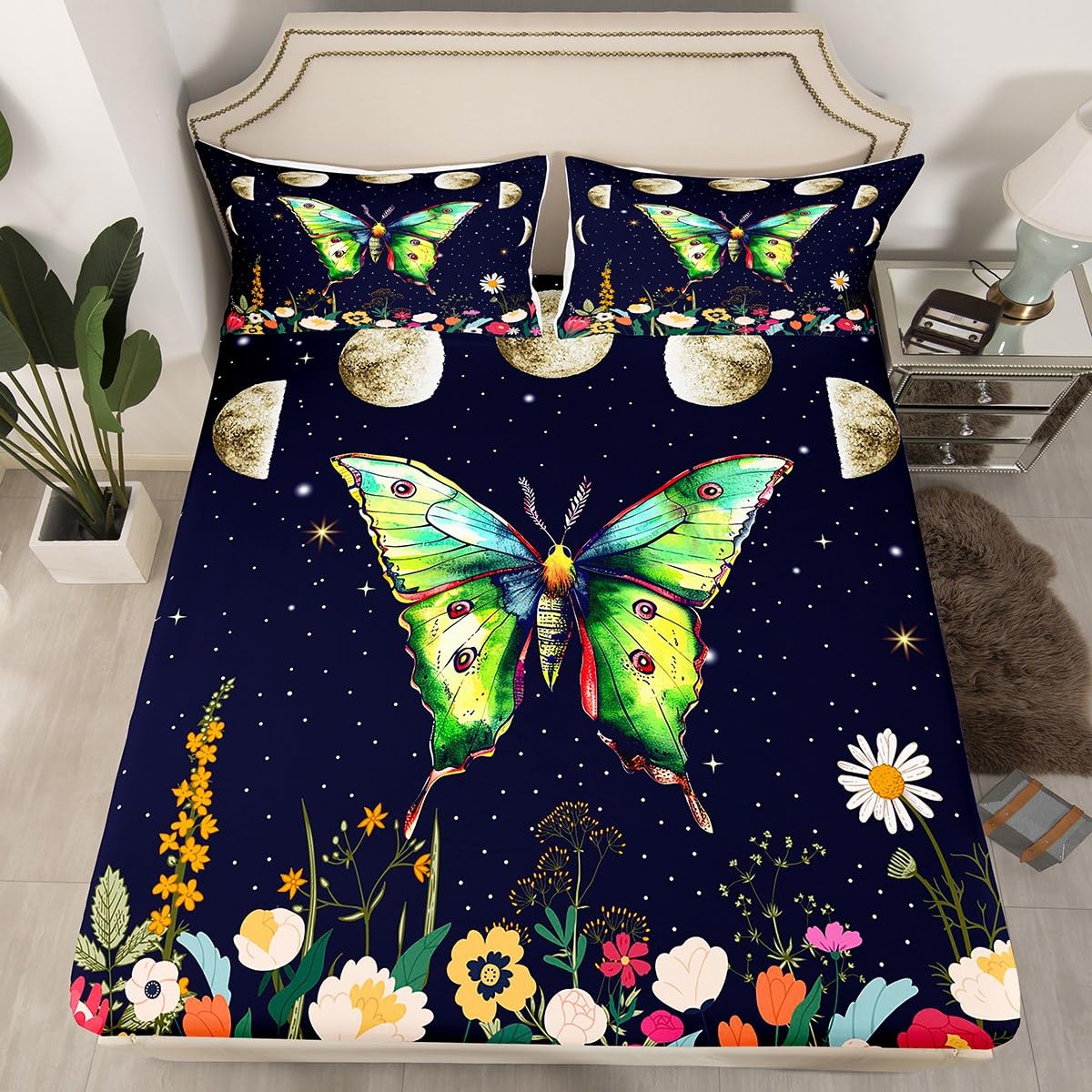 Erosebridal Boho Moth Twin Bedding Set, Moon and Stars Galaxy Fitted Sheet for Kids Girls Boys, Bohemian Wildflower Bed Sheets, Rustic Country Floral Bed Set Room Decor, 1 Pillowcase (No Flat Sheet)