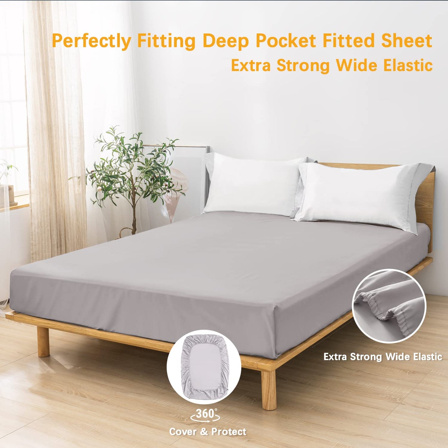 MILDLY Deep Pocket Fitted Sheet Only Queen Size 60"x80" 100% Long Staple Cotton Light Grey Pink Breathable Bottom Sheet Fits Up to 14" Deep Mattress