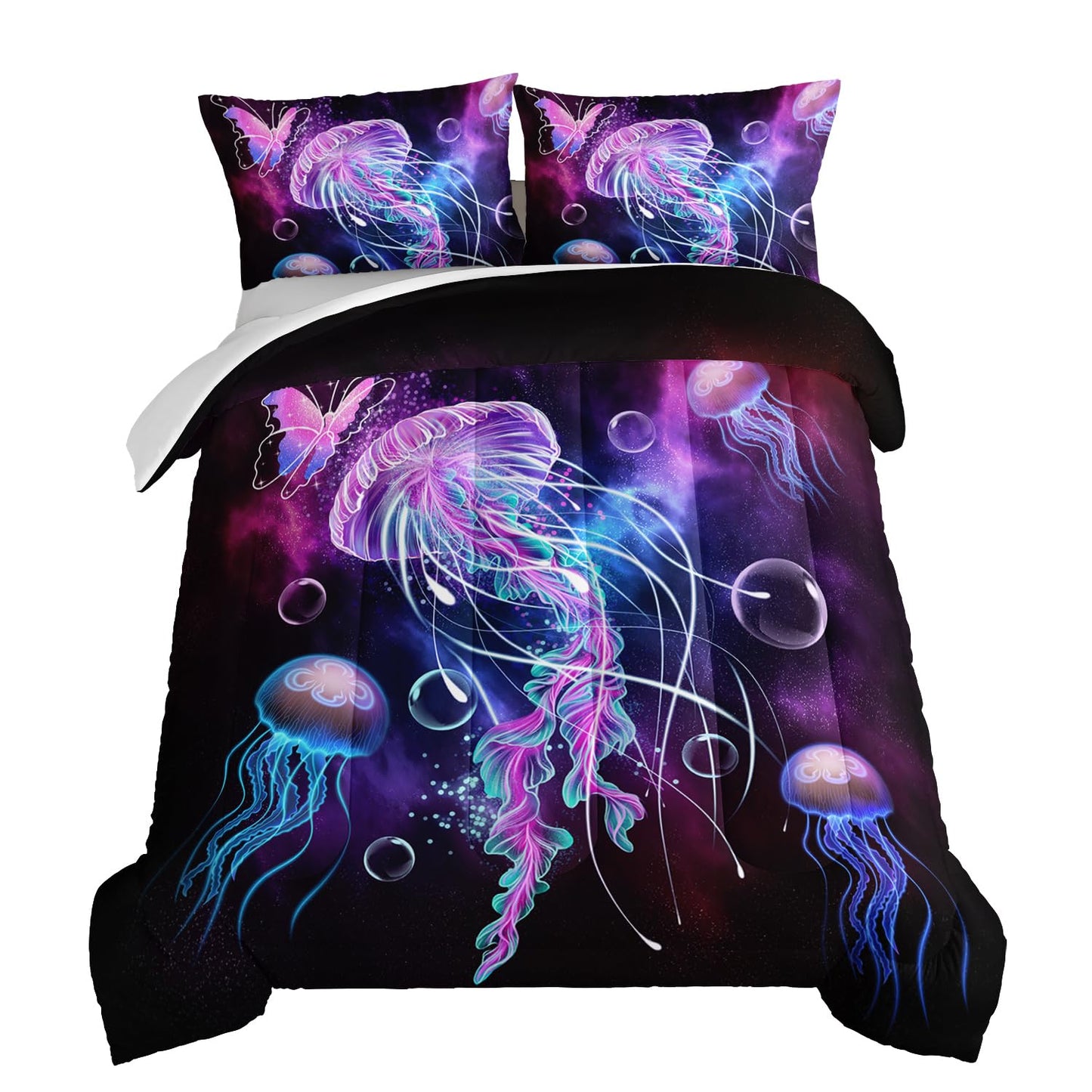 HOSIMA Jellyfish Printed Comforter Ocean Theme Bedding Set 3 Piece, Starry Sky Galaxy Bedding Room Decor Butterfly Comforter for Kids Teens Adult