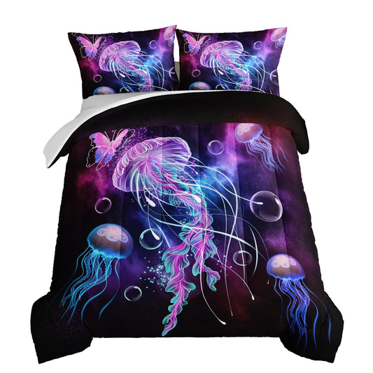 HOSIMA Jellyfish Printed Comforter Ocean Theme Bedding Set 3 Piece, Starry Sky Galaxy Bedding Room Decor Butterfly Comforter for Kids Teens Adult