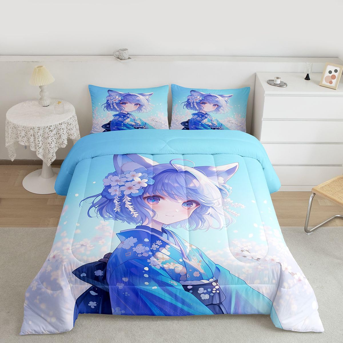 Erosebridal Kawaii Japanese Girl Comforter Set Twin, Anime Gifts Bedding in Kimono Japanese Style Bedding Sets for Room Aesthetic Cool Anime Modern Art Duvet Set for Guys Bedroom Kawaii Room Decor