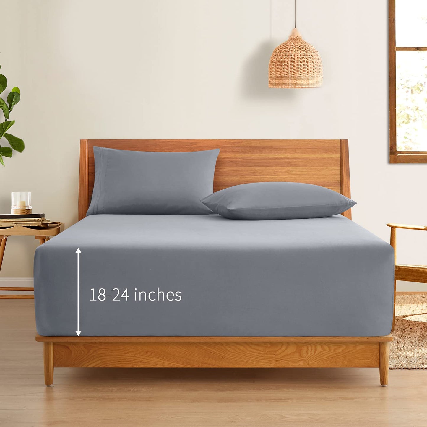 Horbaunal Extra Deep Pocket Queen Fitted Sheet Only - Fits Up to 24 Inch Mattress - Luxury 1800 Thread Count - Microfiber Silver Grey Fitted Bed Sheet Queen Size