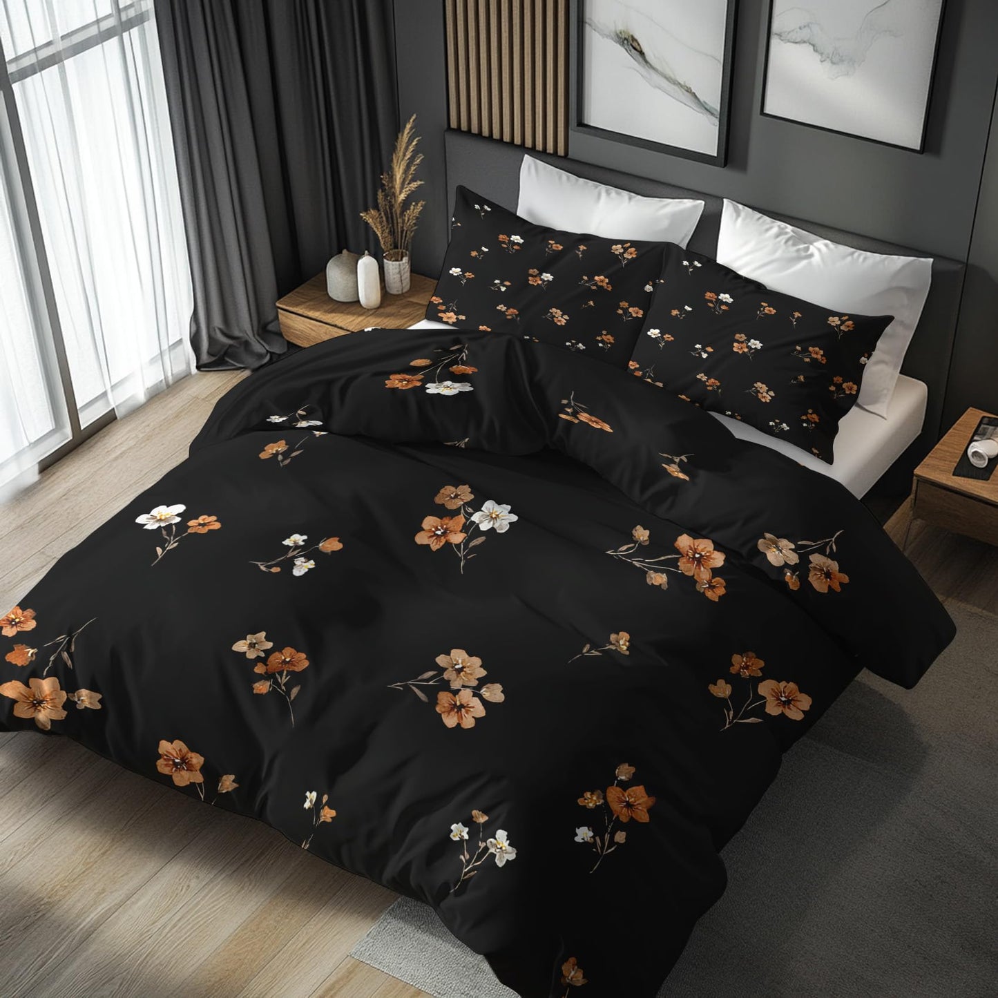 Black Floral King Size Duvet Cover Set 3 Piece, Botanical Flower Reversible Bedding with 2 Pillow Shams, Zipper & Ties, Ultra Soft Microfiber, Floral Bedroom Decorations 51A-I