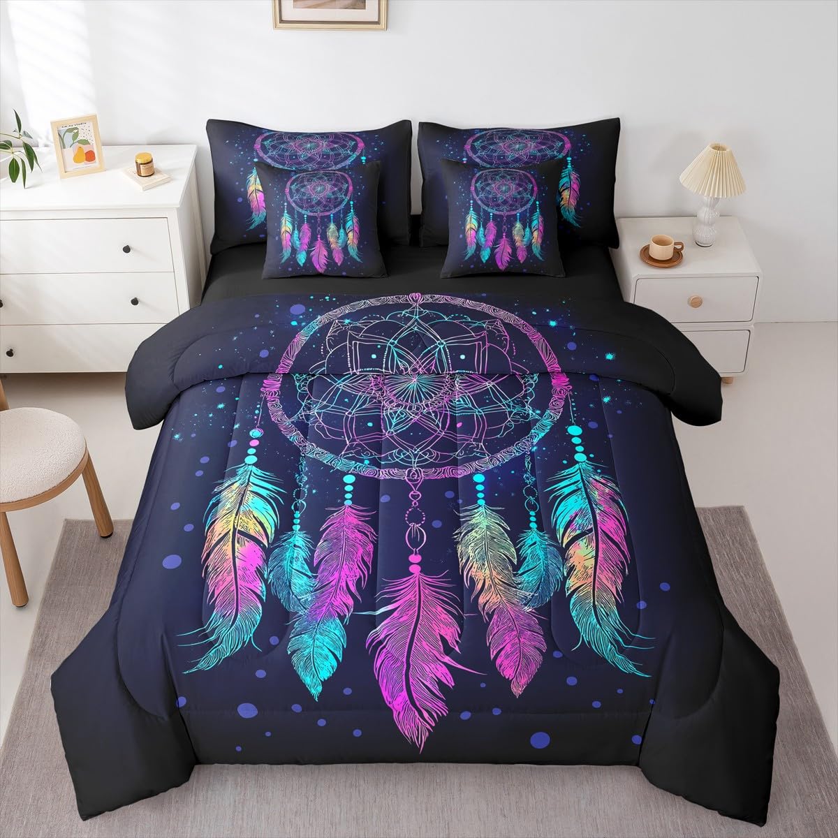 Erosebridal Dream Catcher 7 Piece Bedding Set King Tie Dye Comforter Set with Sheets Mandala Bohemian Feather Bed in A Bag Exotic Ethnic Tribal Hippie Style Bed Sets