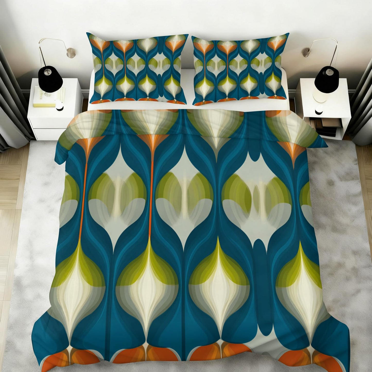 ZAOMIR Mid Century Modern Duvet Cover Twin Size, Groovy Abstract Retro Bedding Set 3 Piece, Blue Green Geometric Patterned Comforter Cover with Zipper Soft Microfiber, 2 Pillowcases