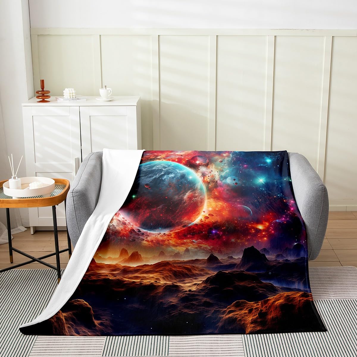 Erosebridal Universe Galaxy Blanket for Adult,Colorful Planet Throw Blanket for Girls,Mountain Fleece Blanket Lightweight,Neon Light Flannel Blanket Twin 60x80 Inch