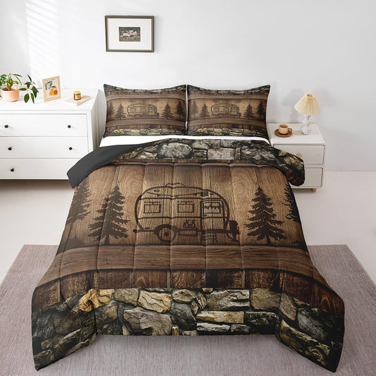 Erosebridal Kids Camper Comforter Set King Vintage Farmhouse Bedding Set for Boys Girls, Happy Camping Bedding Comforter Sets Rustic Lodge Cabin Duvet Set, Brown Old Barn Door Quilted Comforter