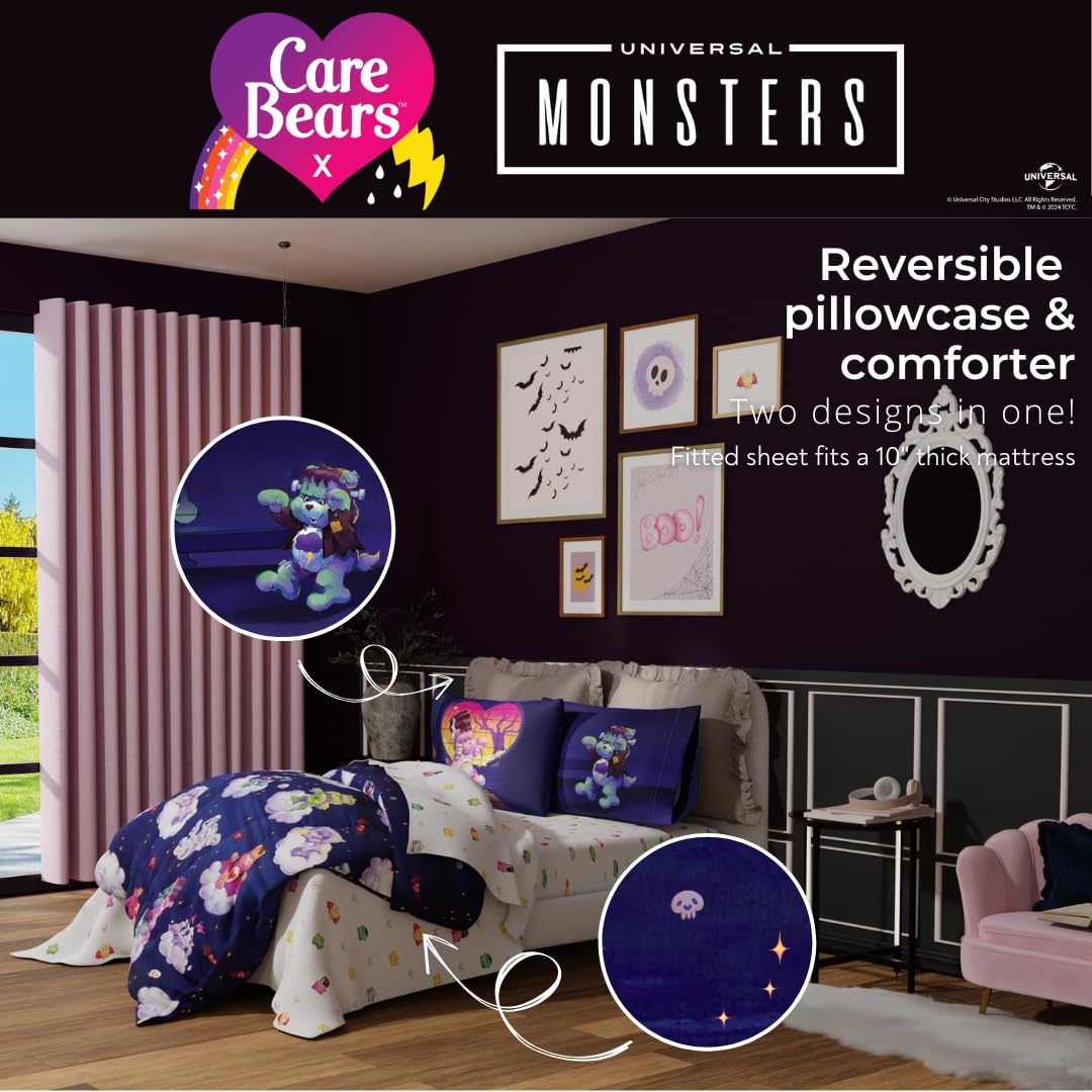 Care Bears x Universal Monsters Halloween Bedding 7 Piece Super Soft Cozy Reversible Comforter and Sheet Set with Sham, Full, (Officially Licensed Product) By Franco