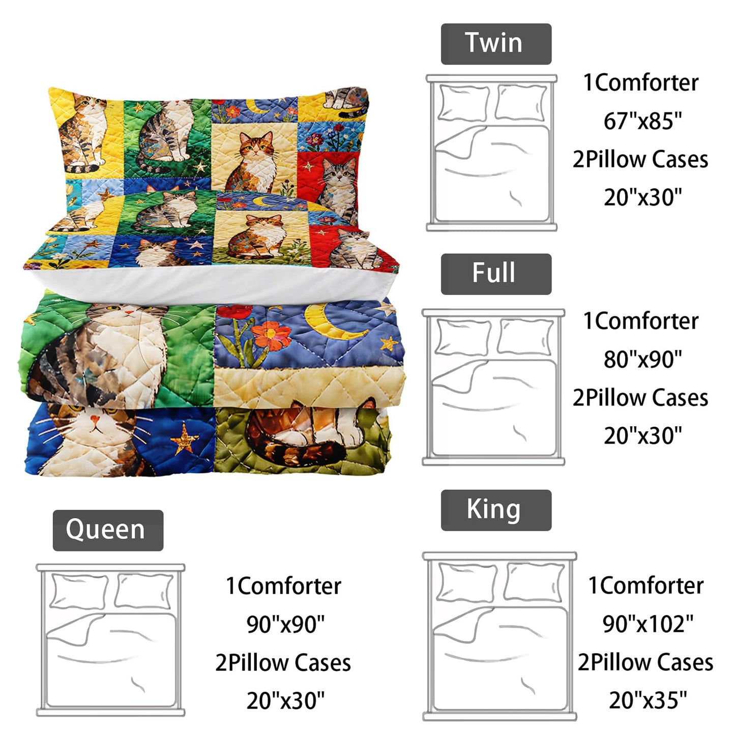 Nttopship Cartoon Cat Comforter Set Full Size 3PCS,Cat Puzzle Bedding Set for Teen Adult,Floral Cat Animal Themed Room Decor Ultra-Soft Lightweight Microfiber with 2 Pillowcases