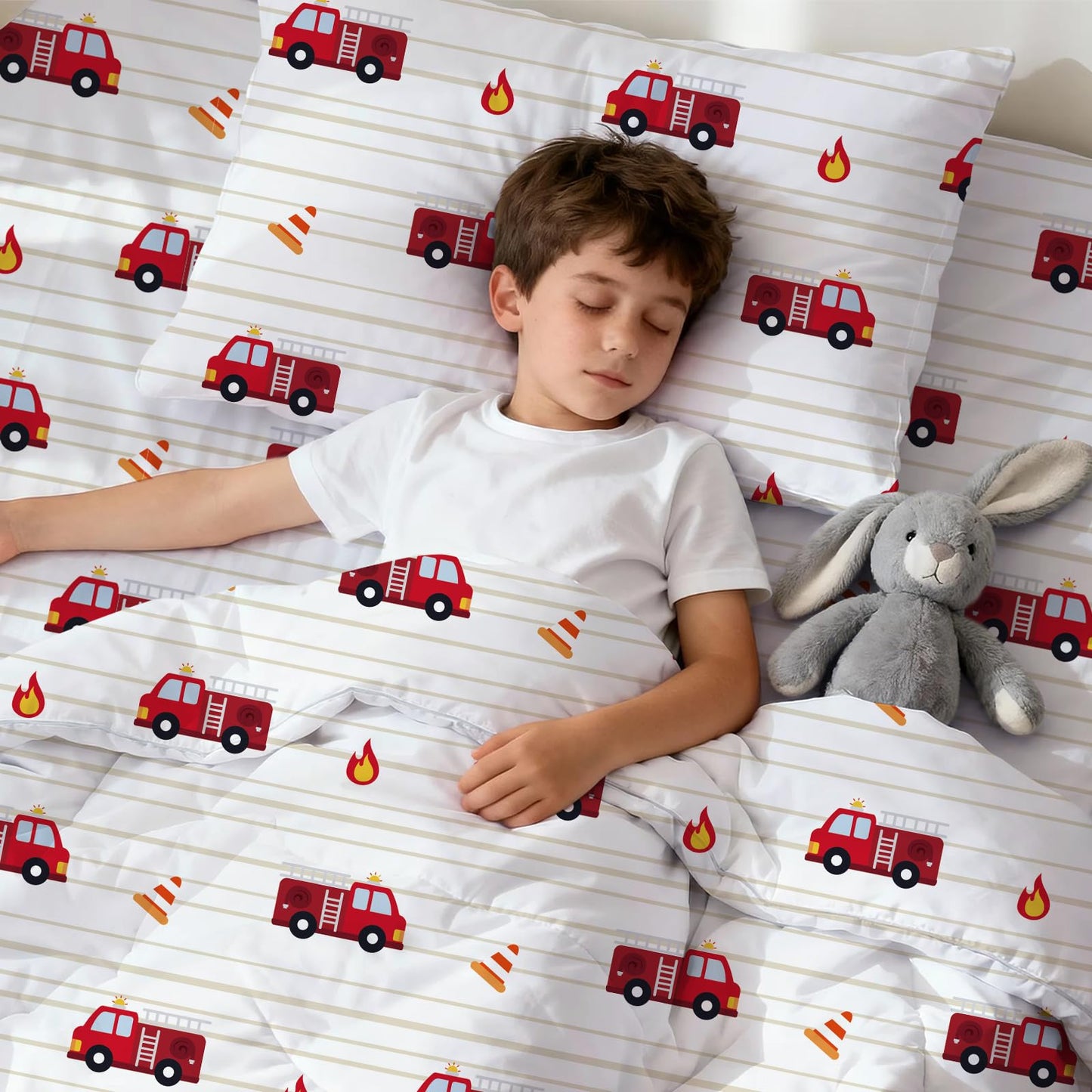 LONAVA Toddler Kids Comforter Set - 4 Pieces Toddler Bedding Sets for Boys Girls Children, Ultra Soft Microfiber Bed in A Bag with Flat Fitted Sheets, Fire Truck