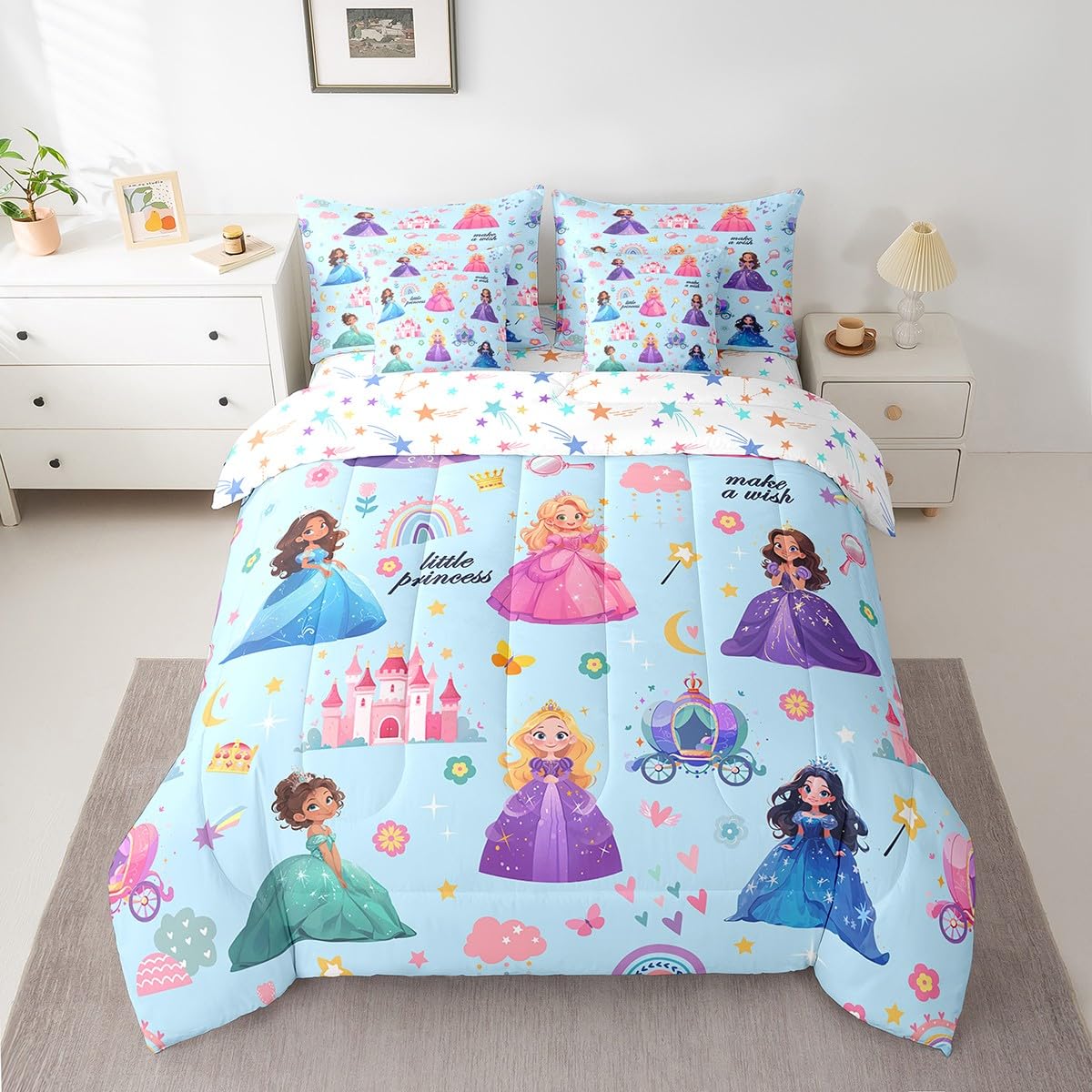 jejeloiu Cute Princess 7 Piece Bedding Set Queen Size Castle Comforter Set with Sheets,Pillowcases & Cushion Cover for Adults Fairy Dreamy Bed in a Bag Rainbow Flower Blue All Season Soft