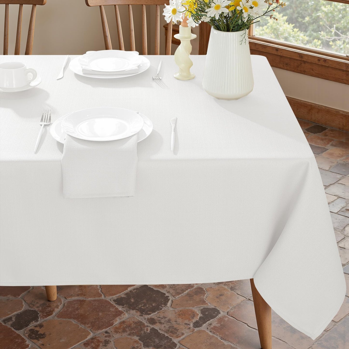 Honellaty Faux Linen Rectangle Tablecloth, 200GSM Waterproof Washable Textured Woven Table Cloth, Fabric Table Cover for Dining, Party, Wedding, Indoor Outdoor (52 x 70 Inch Rectangular, White)