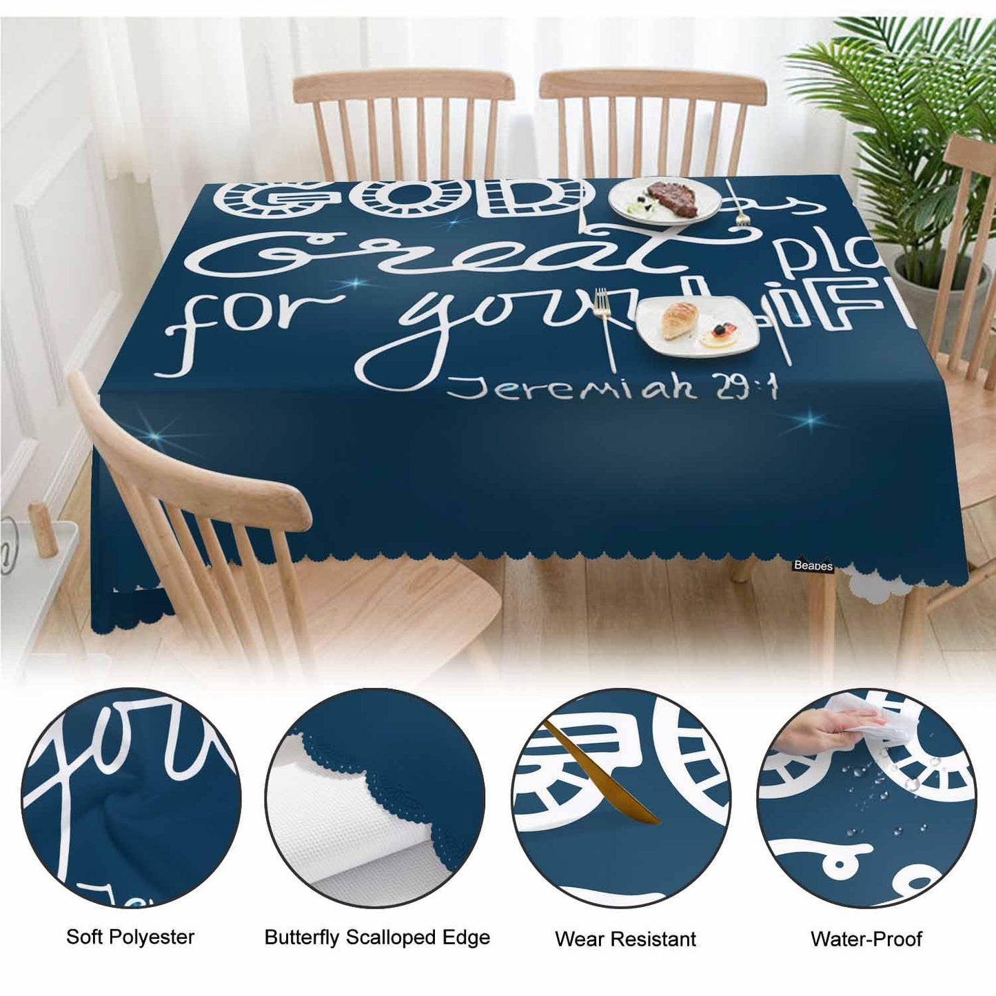 Beabes Holy Bible Tablecloth for Rectangle Tables Christian Quote Galaxy Picnic Table Cover Dinner Kitchen Table Cloth Camping Tablecloths 52"X70" God Has A Great Plan for Your Life
