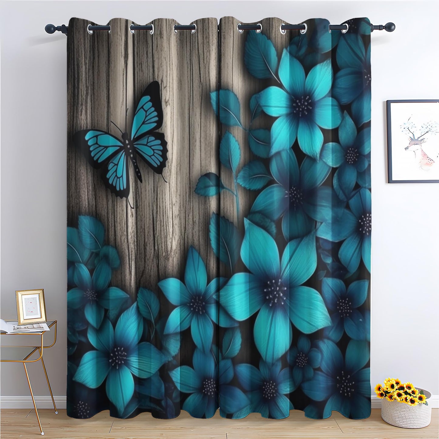NejZoltrix Blue Floral Blackout Curtains, Rustic Wooden Window Curtains & Bedroom Decor Butterfly Flower Curtains for Living Room, Thermal Grommet Drapes 63 Inch Length 2 Panels Set