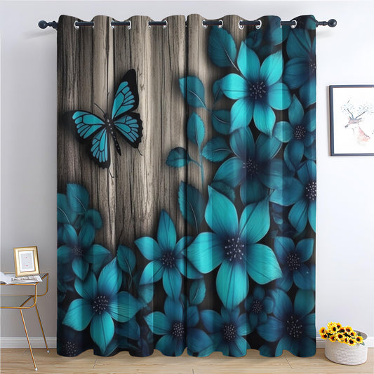 NejZoltrix Blue Floral Blackout Curtains, Rustic Wooden Window Curtains & Bedroom Decor Butterfly Flower Curtains for Living Room, Thermal Grommet Drapes 63 Inch Length 2 Panels Set