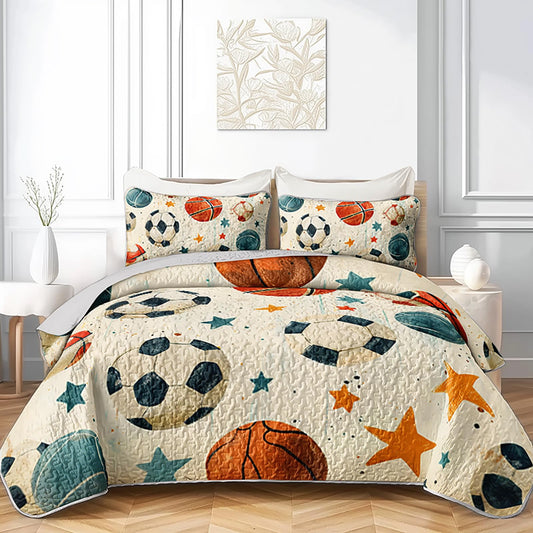 AILONEN Full Quilted Comforter Set 3 Piece, Hand-Drawn Ball Game Bedspread Coverlet with 2 Pillowcases, Soft Sporty Bedding for Teens Guest Apartment Beige Sketchy Starry Theme Athletic