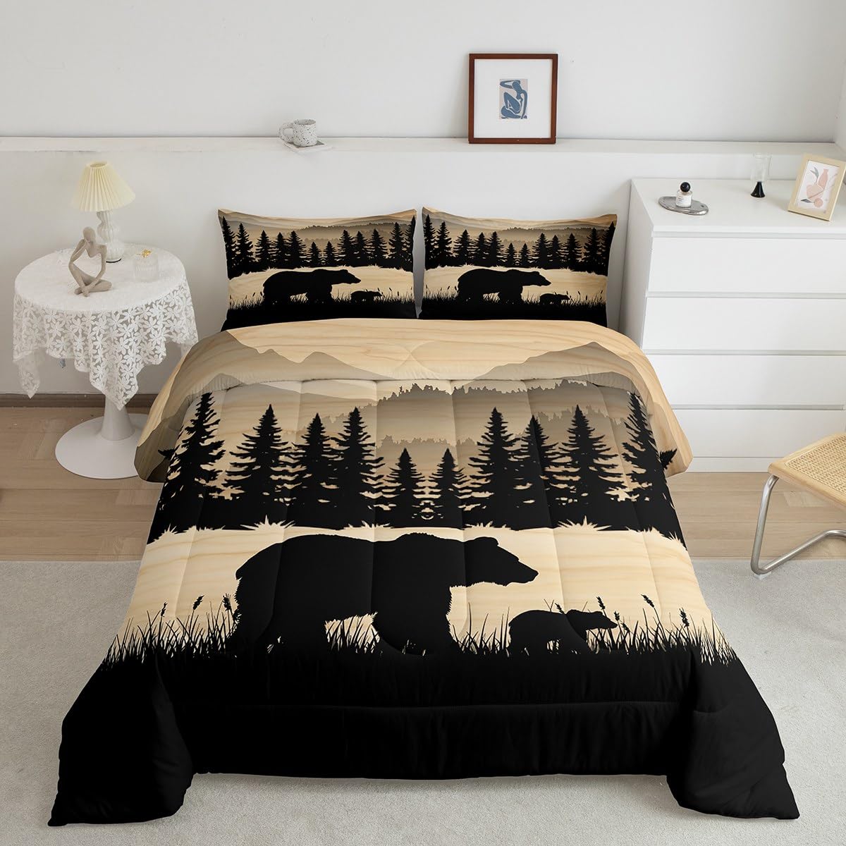 Erosebridal Rustic Cabin Full Comforter Set Farmhouse Bear Bedding Set Hunting Woodland Animal Down Comforter for Kids Adults,Pine Tree Wildlife Quilt Duvet Lodge Bedroom Decor 3 Pcs
