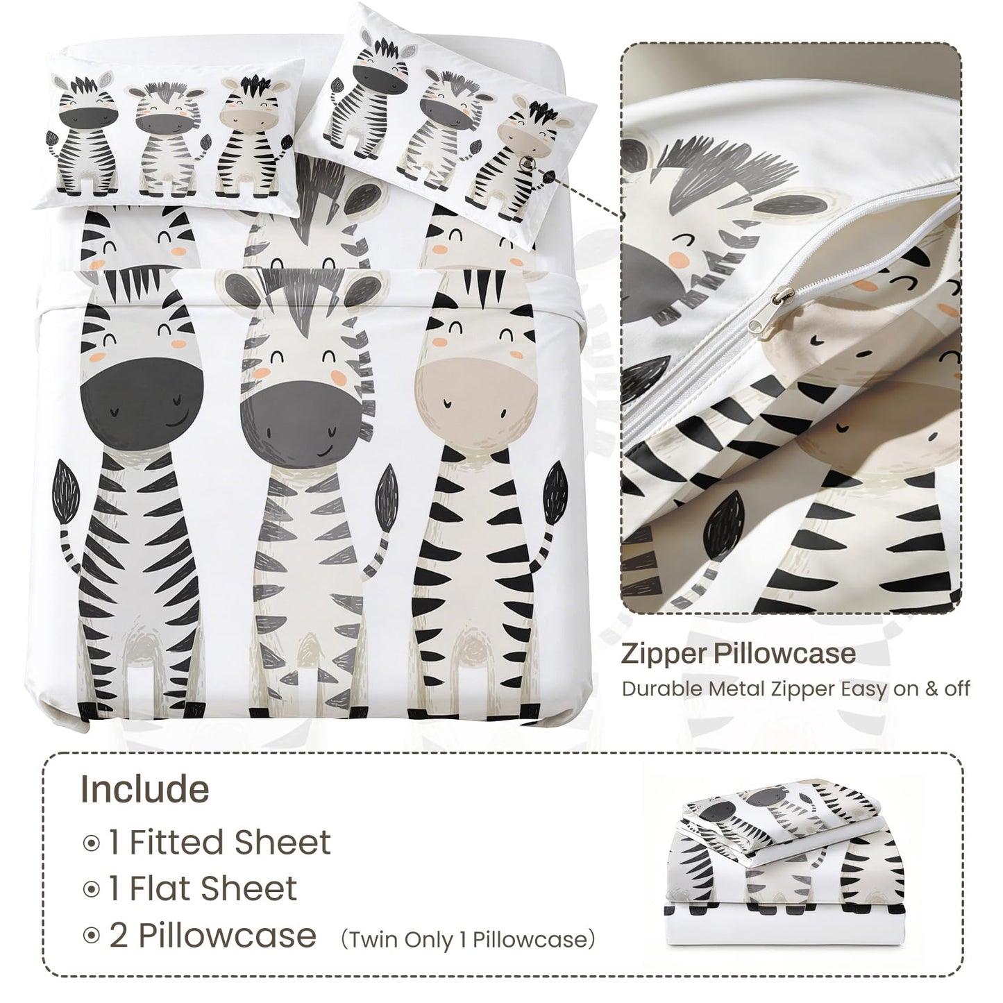 Zebra Twin Sheet Set 3 Pcs Black and White Kids Bed Sheets