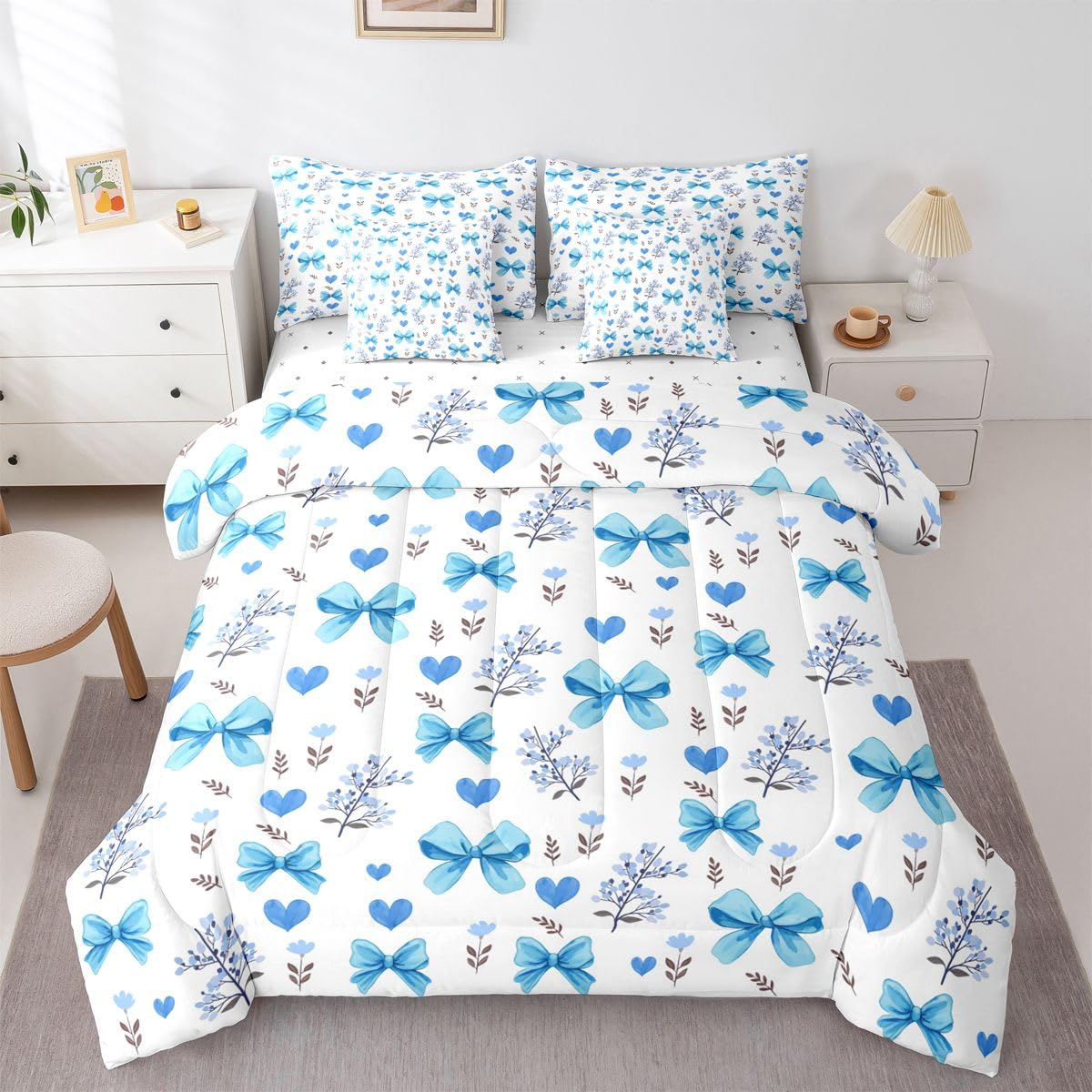Feelyou Bow Comforter Set King Size 7 Pieces Blue Cute Floral Bedding Set for Kids Boys Girls Heart Bowknot Pattern Bed in a Bag with Comforter, Sheets, Pillowcases, Cushion Covers