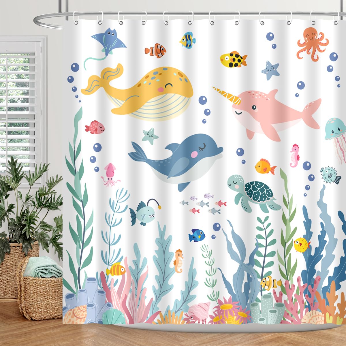 BIYSUC Kids Ocean Shower Curtain Cartoon Sea Turtle Whale Dolphin Fish Corals Underwater World for Boys Girls Bathroom Decor Waterproof Polyester Fabric 72Lx72W Inch with 12PCS Plastic Hooks