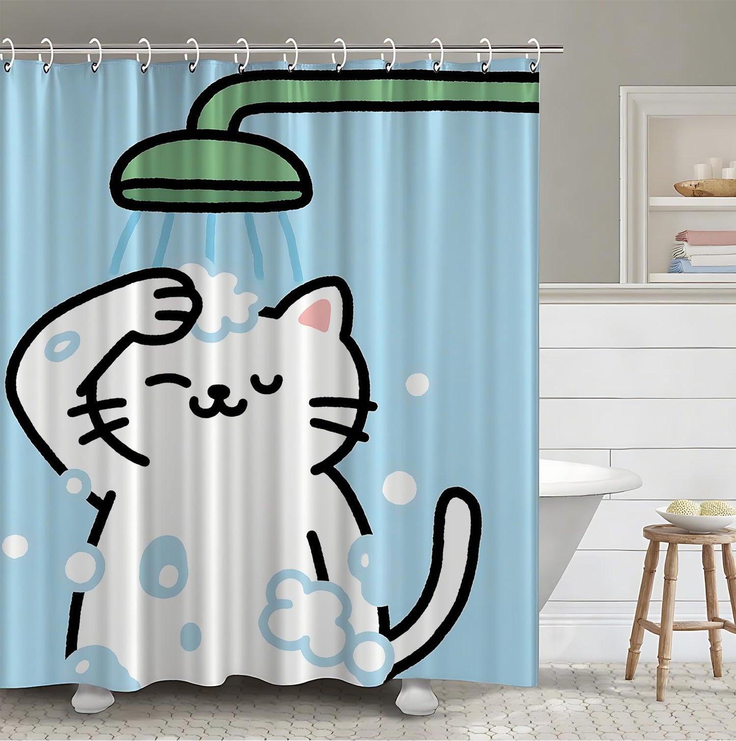 THISFIND Cute Cat Bath Time Shower Curtain- Cute Cartoon Kitten Showering with Bubbles, Waterproof Bathroom Decor Set with Hooks 72x72 Inches