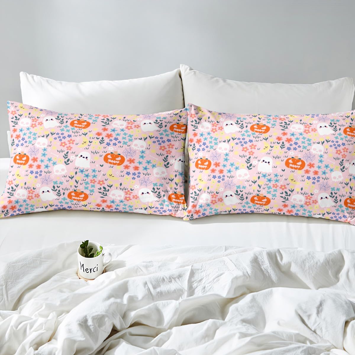 jejeloiu King Size Cute Halloween Bed Sheets Set for Kids Boys Girls Ghost Pumpkin Floral Fitted Sheet Pink Boo Spooky Bedding Set Bedroom Decor Breathable Soft Lightweight Microfiber 4Pcs