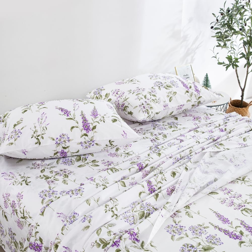 DAUAOTO Twin Size 100% Cotton Sheets Set, Printed Bedding, Up to 14" Deep Mattress, Velvet Purple Floral Pattern Bedlinen, Provence Lavender