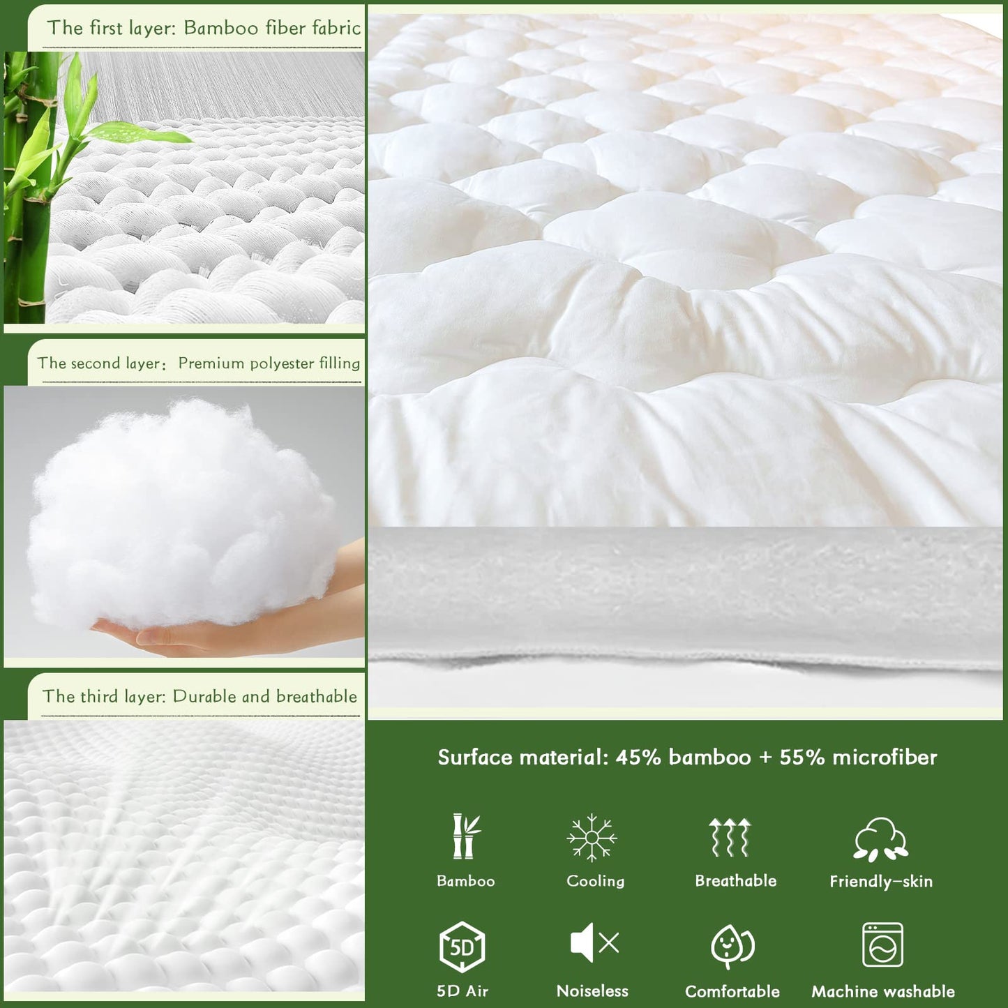 GRT Queen Size Mattress Pad Rayon from Bamboo, Extra Thick Quilted Fitted Mattress Topper with 21 Inches Deep Pocket, Cooling Mattress Pad, Breathable and Noiseless Mattress Cover
