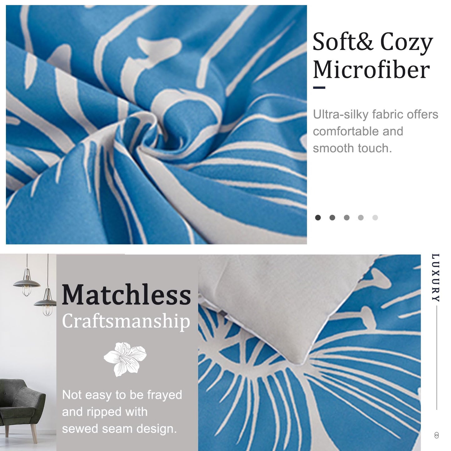 Menghomeus Floral Comforter Set Queen 3 Piece Blue Floral Pattern Printed on Grey Soft Microfiber Bedding Set Lightweight Bed Comforter Set for All Season (1 Comforter, 2 Pillowcases)