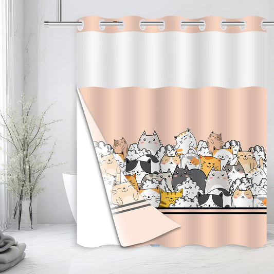 Mowxune Cat Shower Curtain for Kids, Cartoon Animal Shower Curtain with Snap in Liner Set Double-Layer Hookless Shower Curtain for Bathroom Orange Pink 71x74inch