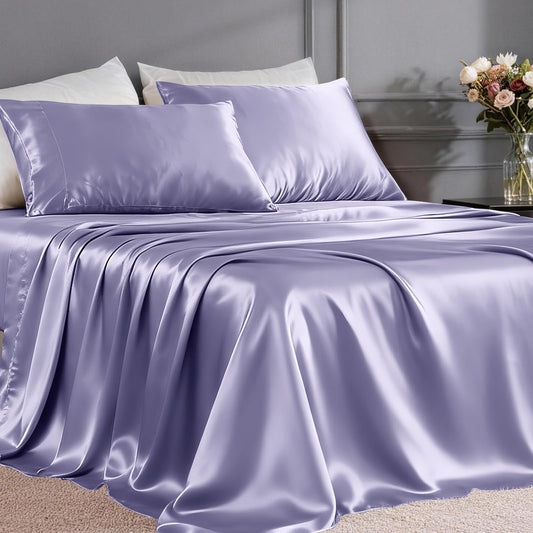 FreshCulture Satin Sheets Full Size - 4 Piece Luxury Soft Silky Full Size Bed Sheets, Similar to Silk Bed Sheet Set with 1 Deep Pocket Fitted Sheet, 1 Flat Sheet & 2 Pillowcases (Lavender)