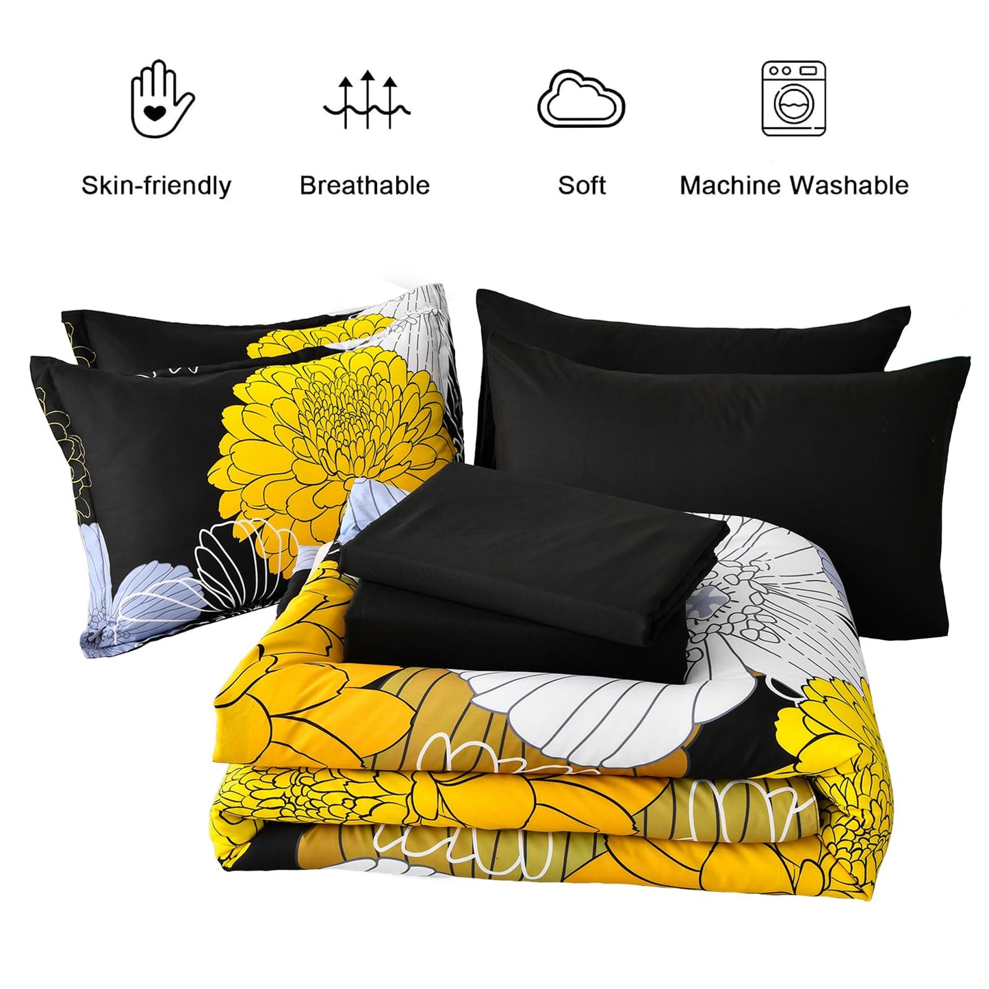 Yiran Bed in a Bag Queen Yellow Black Comforter Set 7 Pieces Soft Microfiber Floral Boho Bedding Set with 1 Comforter 1 Flat Sheet 1 Fitted Sheet 2 Pillowshams 2 Pillowcases