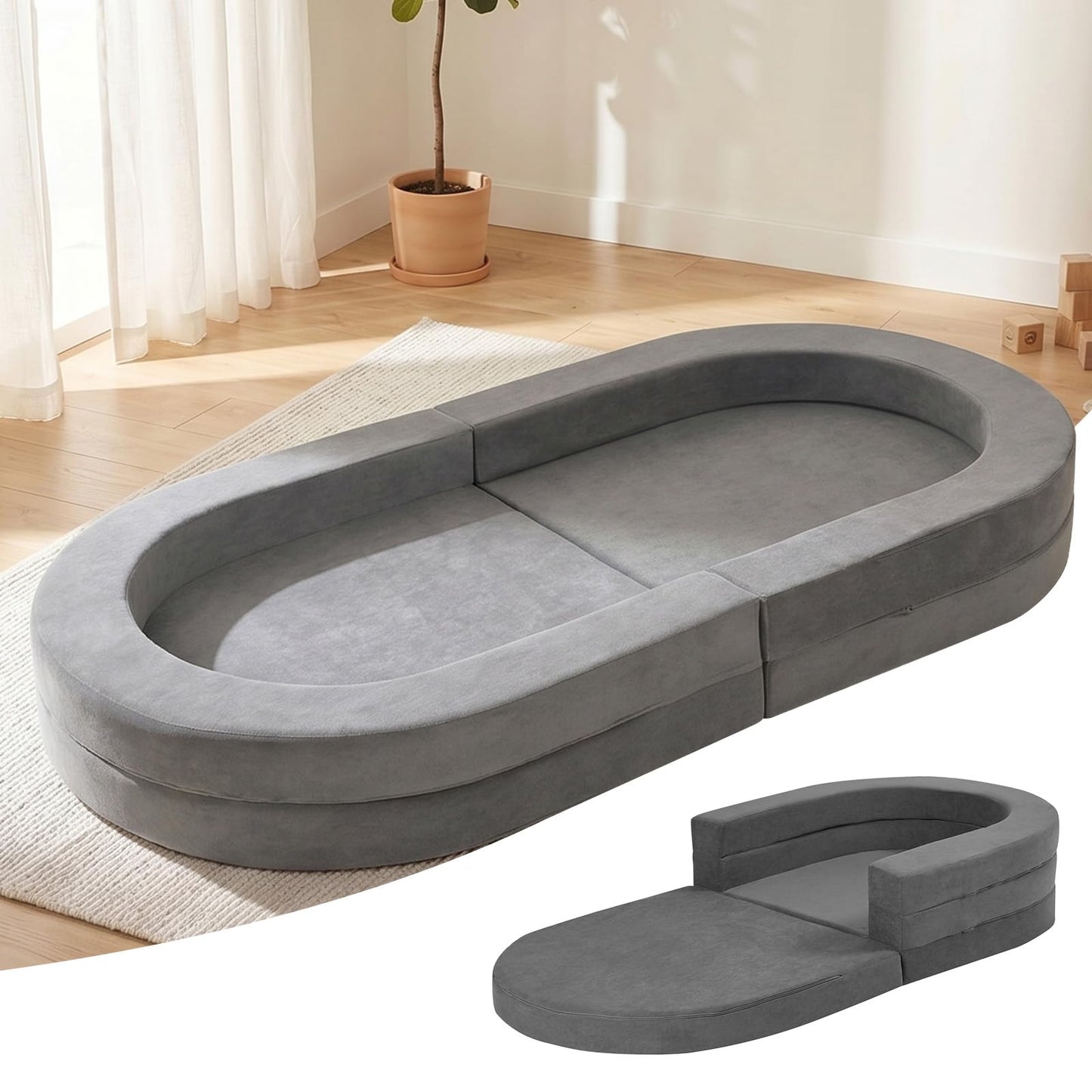 Tykacna Travel Toddler Bed, 3-in-1 Portable Foldable Toddler Chair,Soft Foam Floor Bed Lounger with Washable Cover,Grey