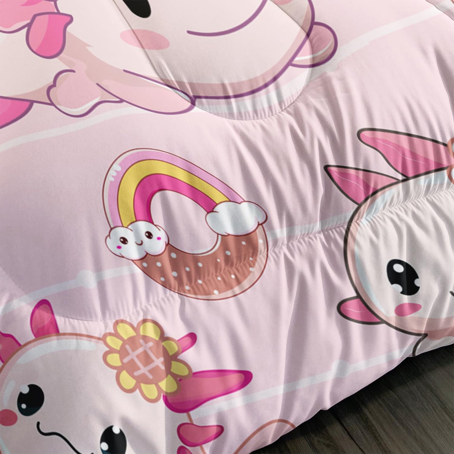 AILONEN Kawaii Axolotl Comforter Set Queen Size, Pink Axolotl with Doughnut Theme Bed in a Bag, 1 Quilt 2 Pillowcases, 3 PCS