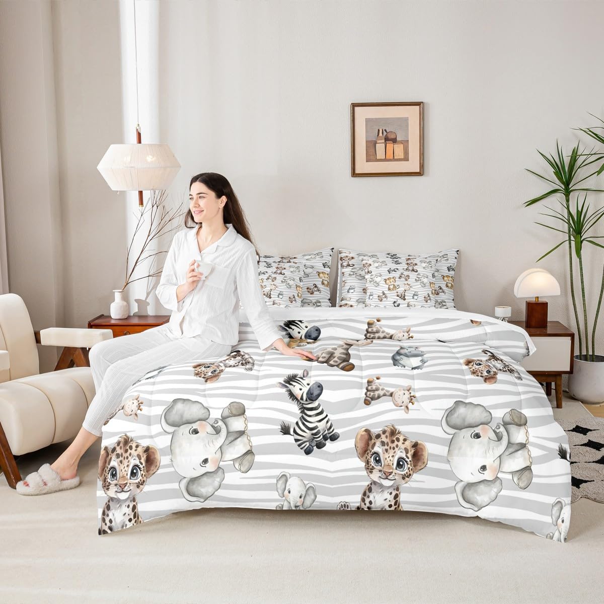 Erosebridal Nursery Safari Kids Twin Size Comforter Set with Sheets - African Jungle Animal 7-Piece Bedding Set for Girls Baby Lion Giraffe Bed in a Bag Zebra Hippo Leopard Wild Animal Bed Quilt Sets