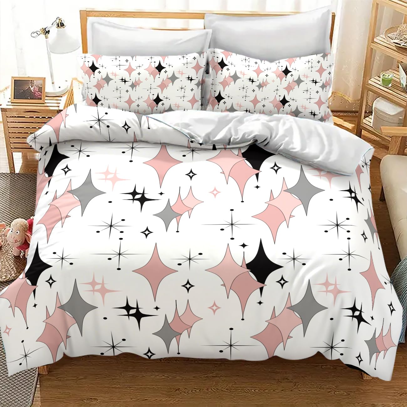 Lnepty Mid Century Comforter Set for Girls,Modern Pink Grey Abstract Atomic Geometric Pattern Retro 1950s 1960s Style Bedding Set with Pillowcase for Bedroom Bed Decor，Twin 86"x70"